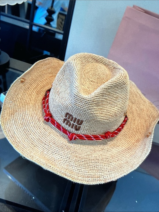 Meet the Posher Accessories - Miu Miu Raffia Cowboy Straw Hat Red Rope Band Embroidered Logo Sun Hat